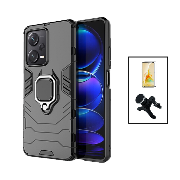 Kit Vidro Premium Full Cover + Capa 3X1 Military Defender + Suporte Magnético de Carro Reforçado para Xiaomi Redmi Note 12 Pro - Preto