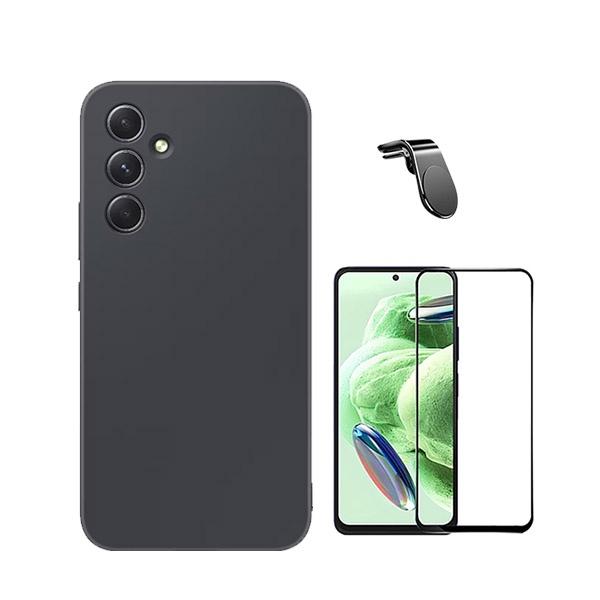Kit Vidro Premium Full Cover + Capa Silicone Líquido + Suporte Magnético L Safe Driving Carro para Samsung Galaxy A55 5G - Preto