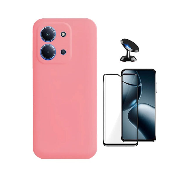 Kit Vidro Temperado + Capa Silicone Líquido + Suporte Magnético PHONECARE Para Xiaomi Poco C85 - Rosa