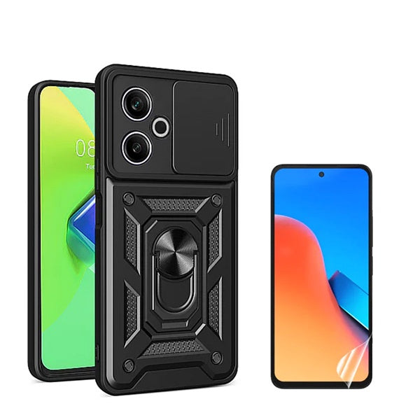 Kit Película Hydrogel Full Cover Frente + Capa Magnetic Military Defender Slide Window para Xiaomi Poco M6 4G - Preto