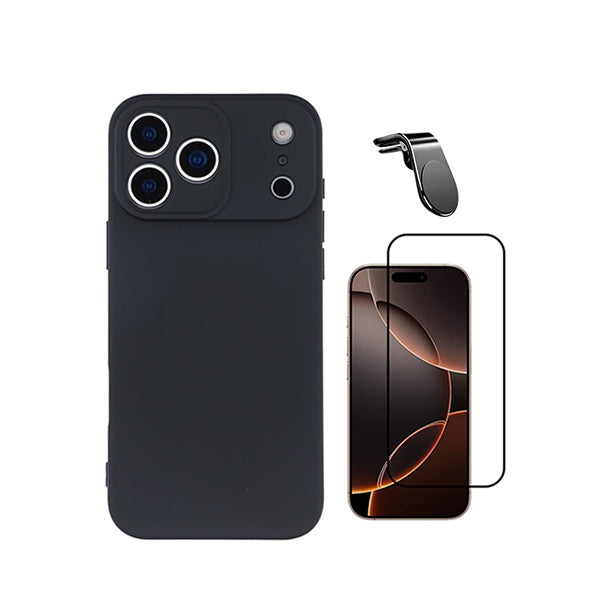 Kit Vidro Temperado + Capa Silicone Líquido + Suporte L PHONECARE Para Apple iPhone 18 Pro - Preto