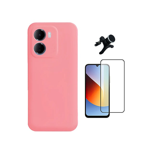 Kit Vidro Temperado + Capa Silicone Líquido + Suporte Magnético Reforçado PHONECARE Para Xiaomi Redmi 15a - Rosa