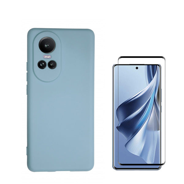 Kit Película de Vidro Temperado Curved + Capa Silicone Líquido para Oppo Reno10 - Azul Claro