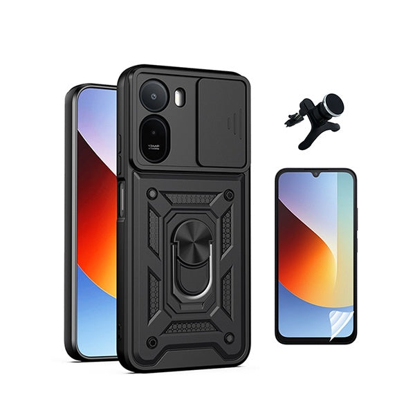 Kit Película Hydrogel Frente + Capa Magnetic Slide Window + Suporte Magnético Reforçado  PHONECARE Para Xiaomi Redmi A7 Pro 4G - Preto