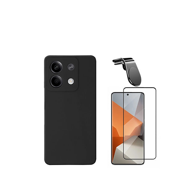 Kit Vidro Premium Full Cover + Capa Silicone Líquido + Suporte Magnético L Safe Driving Carro para Xiaomi Redmi Note 13 - Preto