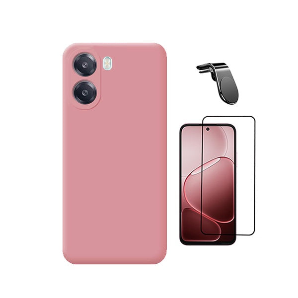 Kit Vidro Temperado + Capa Silicone Líquido + Suporte L PHONECARE Para Oppo A6x - Rosa