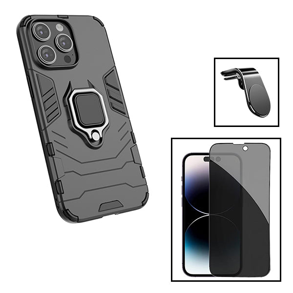 Kit Película 5D Anti-Spy + Capa 3X1 Military Defender + Suporte Magnético L Safe Driving Carro para Apple iPhone 15 Plus - Preto