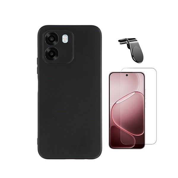 Kit Vidro Clearglass + Capa Silicone Líquido + Suporte L PHONECARE Para Oppo A6 5G - Preto