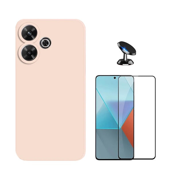 Kit Vidro Premium Full Cover + Capa Silicone Líquido + Suporte Magnético de Carro para Xiaomi Redmi 13 - Rosa