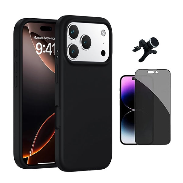 Kit Vidro Anti-Spy + Capa Silicone Líquido + Suporte Magnético Reforçado PHONECARE Para Apple iPhone 17 Pro - Preto