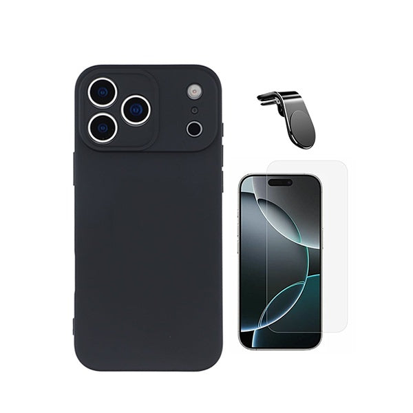 Kit Vidro Clearglass + Capa Silicone Líquido + Suporte L PHONECARE Para Apple iPhone 18 Pro - Preto