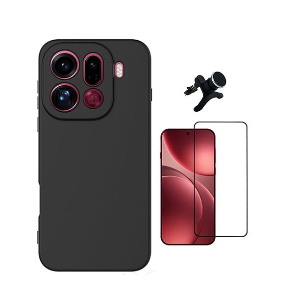 Kit Vidro Temperado + Capa Silicone Líquido + Suporte Magnético Reforçado PHONECARE Para Oppo Find X9 Pro - Preto