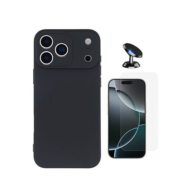 Kit Vidro Clearglass + Capa Silicone Líquido + Suporte Magnético PHONECARE Para Apple iPhone 18 Pro - Preto