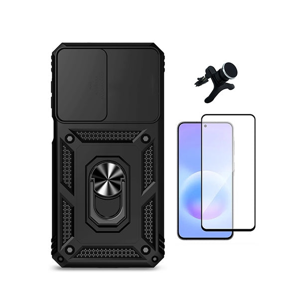 Kit Vidro + Capa Magnetic Slide Window + Suporte Reforçado PHONECARE Para Samsung Galaxy A27 - Preto