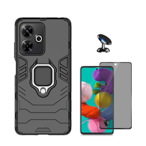 Kit Película 5d Anti-Spy + Capa 3x1 Military Defender + Suporte Magnético de Carro para Xiaomi Poco M6 4G - Preto
