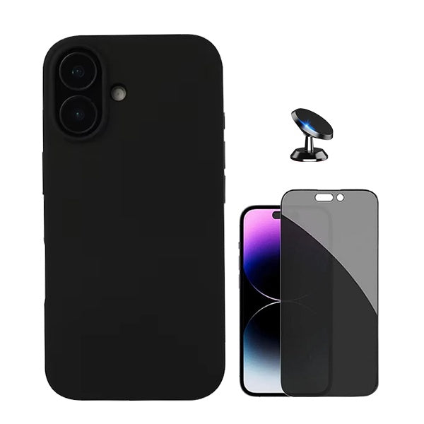 Kit Película de Vidro 5d Anti-Spy + Capa Silicone Líquido + Suporte Magnético de Carro para Apple iPhone 16 Plus - Preto