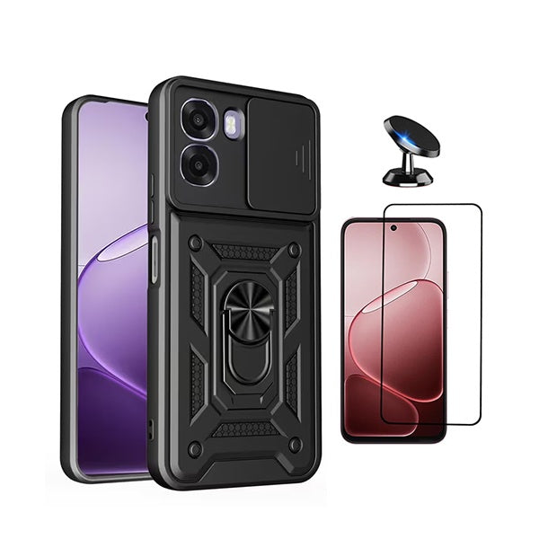 Kit Vidro + Capa Magnetic Slide Window + Suporte Magnético PHONECARE Para Oppo A6x - Preto