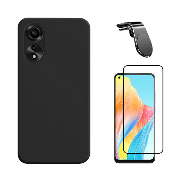 Kit Vidro Premium Full Cover + Capa Silicone Líquido + Suporte Magnético L Safe Driving Carro para Oppo A78 4G - Preto