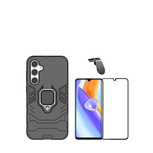 Kit Vidro Premium Full Cover + Capa 3X1 Military Defender + Suporte Magnético L Safe Driving Carro para Samsung Galaxy A25 - Preto