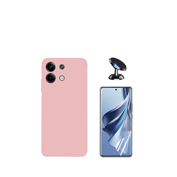 Kit Película Hydrogel Full Cover Frente + Capa Silicone Líquido + Suporte Magnético de Carro para Xiaomi Redmi Note 13 Pro - Rosa