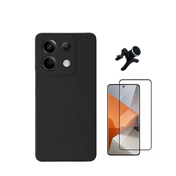 Kit Vidro Premium Full Cover + Capa Silicone Líquido + Suporte Magnético de Carro Reforçado para Xiaomi Poco X6 5G - Preto