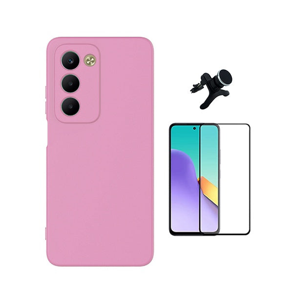 Kit Vidro Temperado + Capa Silicone Líquido + Suporte Magnético Reforçado PHONECARE Para Xiaomi Redmi 15 - Rosa