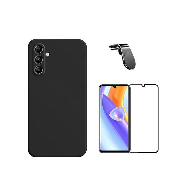 Kit Vidro Premium Full Cover + Capa Silicone Líquido + Suporte Magnético L Safe Driving Carro para Samsung Galaxy A05s - Preto