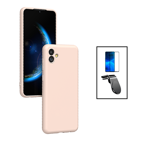 Kit Vidro Premium Full Cover + Capa Silicone Líquido + Suporte Magnético L Safe Driving Carro para Samsung Galaxy F04 - Rosa