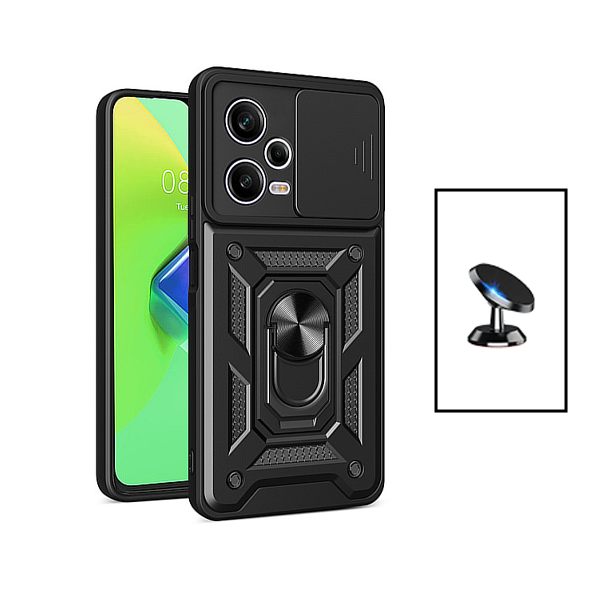 Kit Suporte Magnético de Carro + Capa Magnetic Military Defender Slide Window Anti-Impacto para Xiaomi Redmi Note 12 - Preto