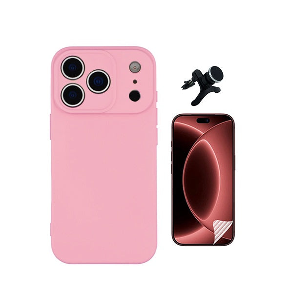 Kit Película Hydrogel Frente + Capa Silicone Líquido +  Suporte Reforçado PHONECARE Para Apple iPhone 18 Pro - Rosa