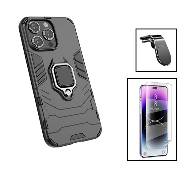 Kit Película Hydrogel Full Cover Frente + Capa 3X1 Military Defender + Suporte Magnético L Safe Driving Carro para Apple iPhone 15 - Preto