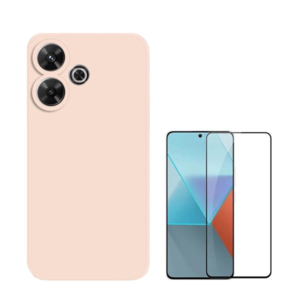 Kit Vidro Premium Full Cover + Capa Silicone Líquido para Xiaomi Redmi 13 5G - Rosa