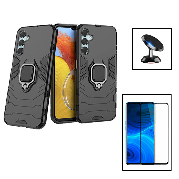 Kit Vidro Premium Full Cover + Capa 3X1 Military Defender + Suporte Magnético de Carro para Samsung Galaxy F54 5G - Preto