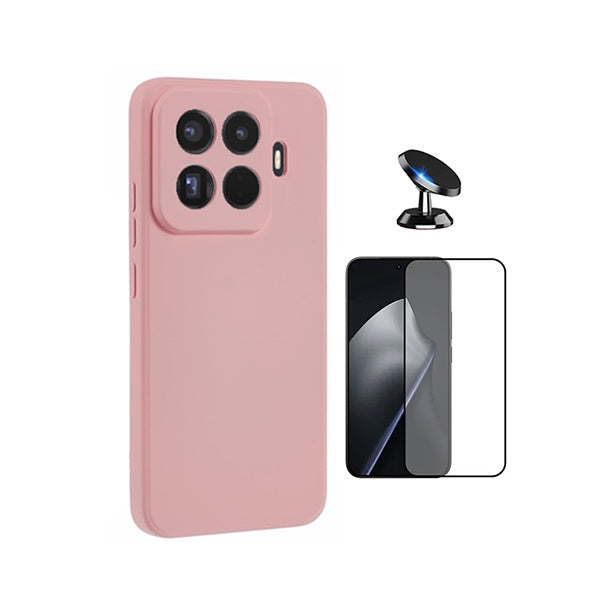 Kit Vidro Temperado + Capa Silicone Líquido + Suporte Magnético PHONECARE Para Xiaomi 15T Pro 5G - Rosa