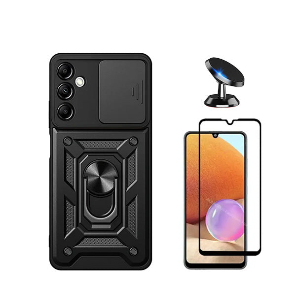 Kit Vidro Premium Full Cover + Capa Magnetic Military Defender Slide Window Anti-Impacto + Suporte Magnético de Carro para Samsung Galaxy A15 - Preto
