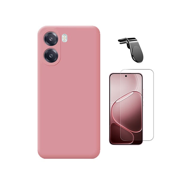 Kit Vidro Clearglass + Capa Silicone Líquido + Suporte L PHONECARE Para Oppo A6x - Rosa