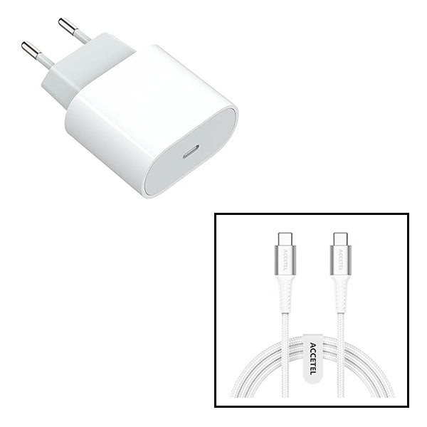 Kit Base Carregador Type C FastCharge 20W + Cabo de Carga 60W 3.0A 1m Type C - Type C com Tecnologia PD ACCETEL para Apple iPhone 15 Pro Max - Branco