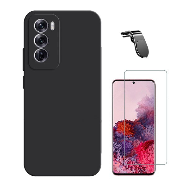Kit Vidro Clearglass + Capa Silicone Líquido + Suporte Magnético L Safe Driving para Oppo Reno12 Pro - Preto