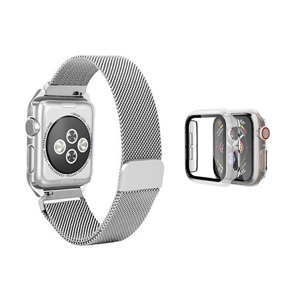 Kit Bracelete Milanese Loop Fecho Magnético + Capa Anti-Impacto para Apple Watch Series 10 - 46mm - Cinza / Transparente