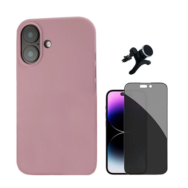 Kit Película de Vidro 5d Anti-Spy + Capa Silicone Líquido + Suporte Magnético de Carro Reforçado para Apple iPhone 16 - Rosa