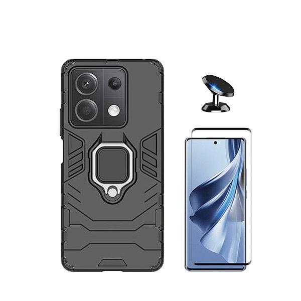 Kit Vidro Premium Full Cover + Capa 3X1 Military Defender + Suporte Magnético de Carro para Xiaomi Poco X6 5G - Preto