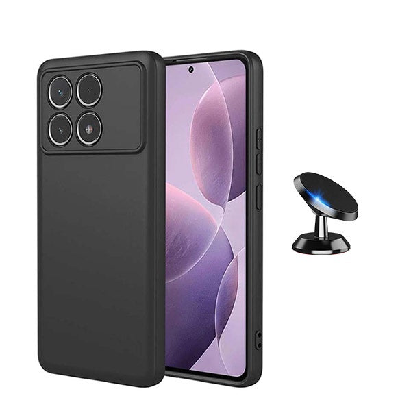 Kit Suporte Magnético de Carro + Capa Silicone Líquido para Xiaomi Poco F6 Pro - Preto