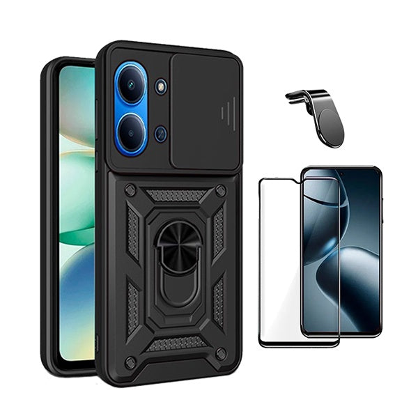 Kit Vidro + Capa Magnetic Slide Window + Suporte L PHONECARE Para Xiaomi Poco C85 - Preto