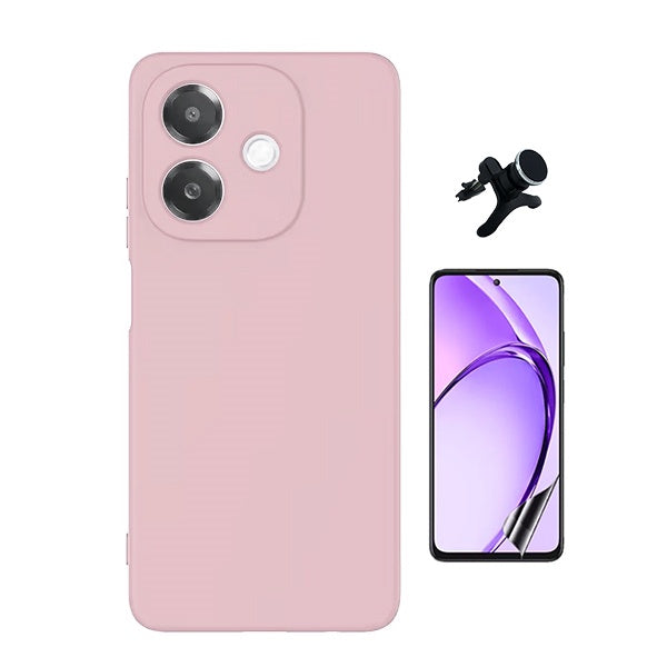 Kit Película Hydrogel Frente + Capa Silicone Líquido + Suporte Reforçado Para Oppo A3 4G - Rosa
