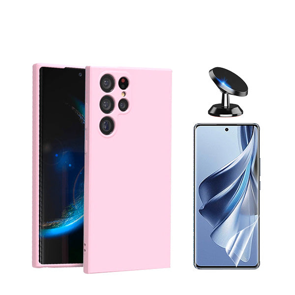 Kit Película Hydrogel Full Cover Frente + Capa Silicone Líquido + Suporte Magnético de Carro para Samsung Galaxy S24 Ultra 5G - Rosa