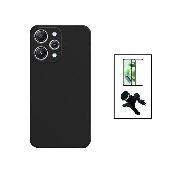 Kit Vidro Premium Full Cover + Capa Silicone Líquido + Suporte Magnético de Carro Reforçado para Xiaomi Redmi Note 12R - Preto
