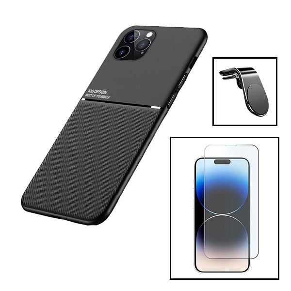 Kit Capa Magnetic Lux + Vidro Clearglass + Suporte Magnético L Safe Driving para Apple iPhone 15 - Preto