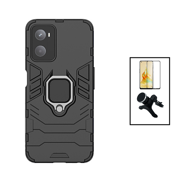 Kit Vidro Premium Full Cover + Capa 3X1 Military Defender + Suporte Magnético de Carro Reforçado para Oppo A76 - Preto