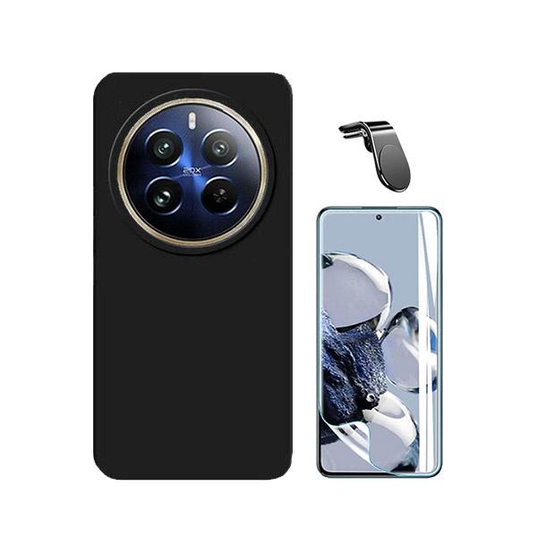 Kit Película Hydrogel Full Cover Frente + Capa Silicone Líquido + Suporte Magnético L Safe Driving Carro para Realme 12 Pro 5G - Preto