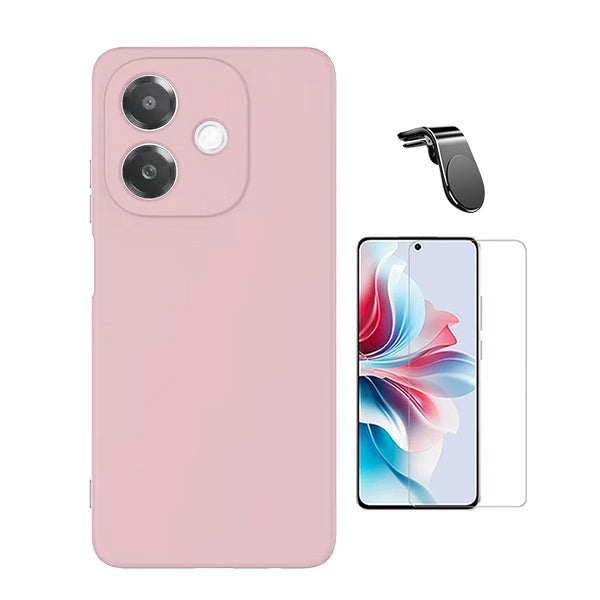 Kit Vidro Clearglass + Capa Silicone Líquido + Suporte L Para Oppo A3 5G - Rosa